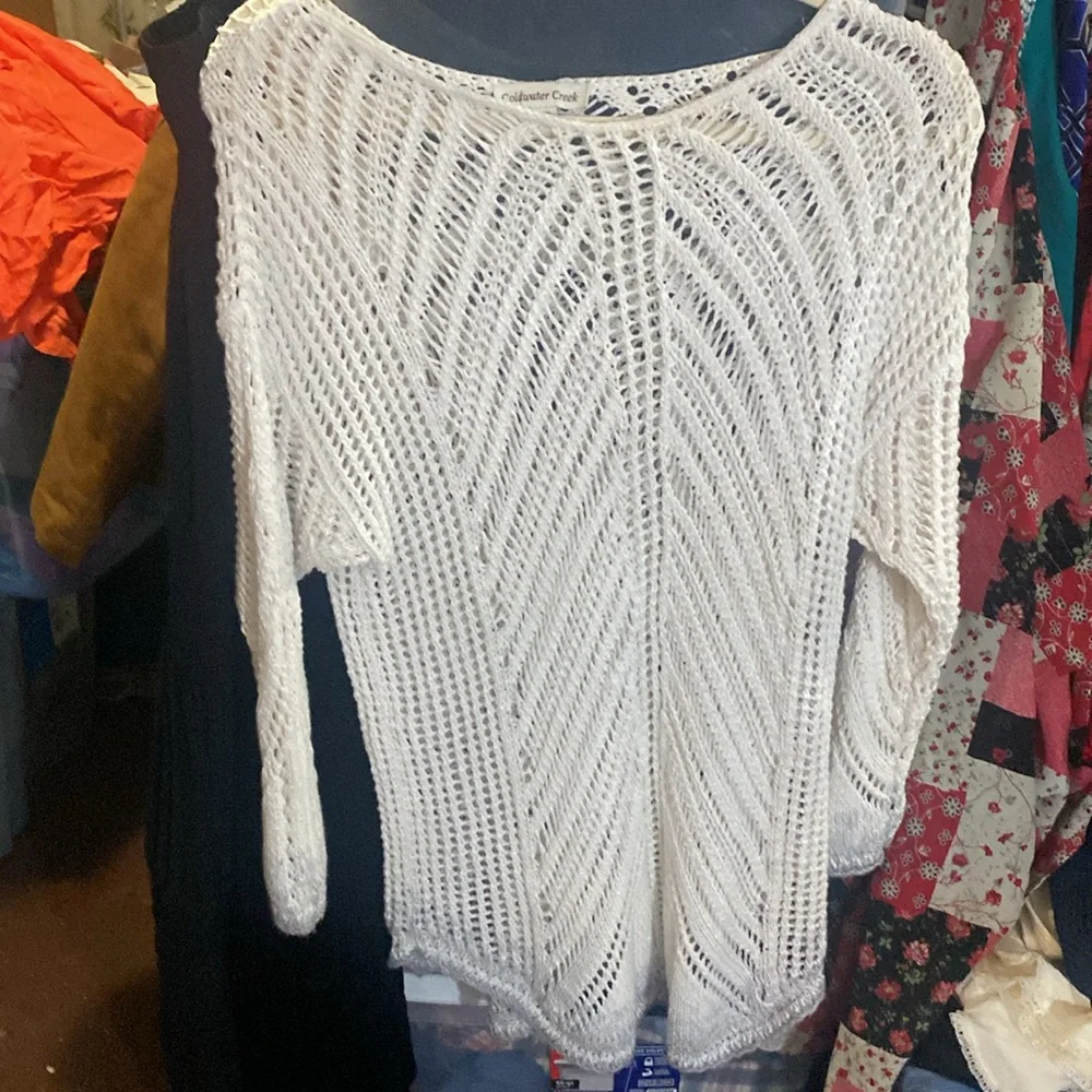 Coldwater Creek- crocheted cotton blend sweater - white w/grey ombre trim